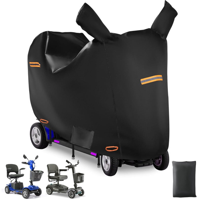 Mobility Scooter Cover with Mirror Hoods,420D Oxford Mobility Scooter Covers for Outside Storage,Motorized for Travel,4 Reflective Strips,2 Vents,3 Buckles,UV proof(XL 57"x26"x39")